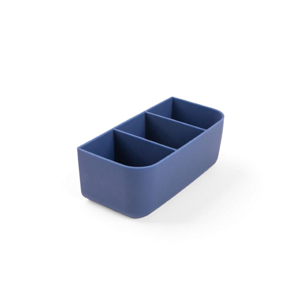 Blue rectangular container with three compartments on a white background