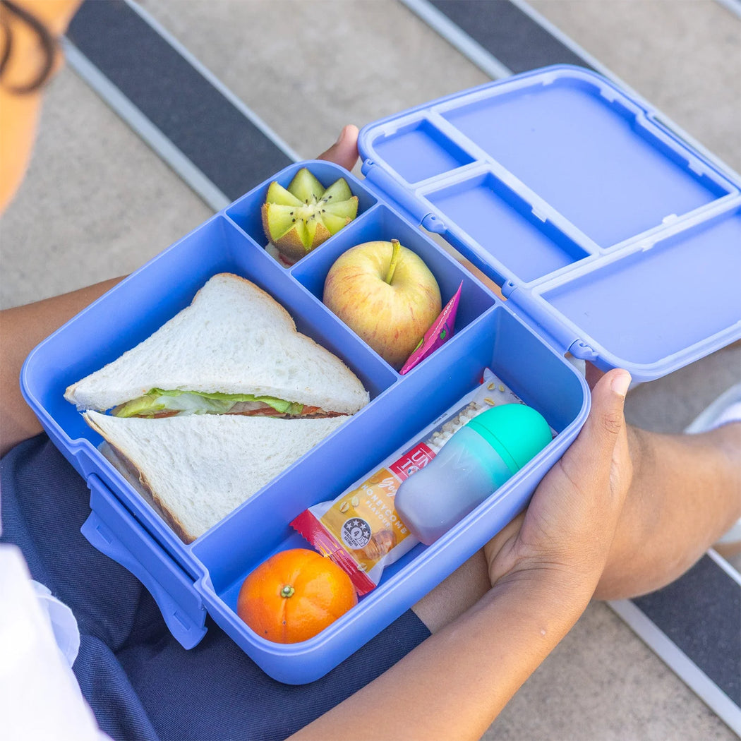 Blue bento box with a sandwich, fruit, and other items held by a person.
