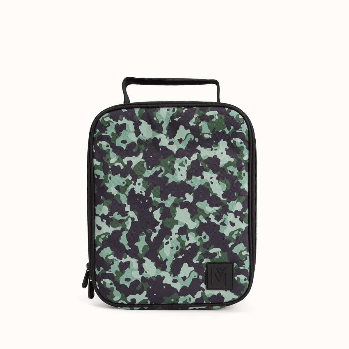 Camouflage-patterned lunch bag with a black handle on a white background