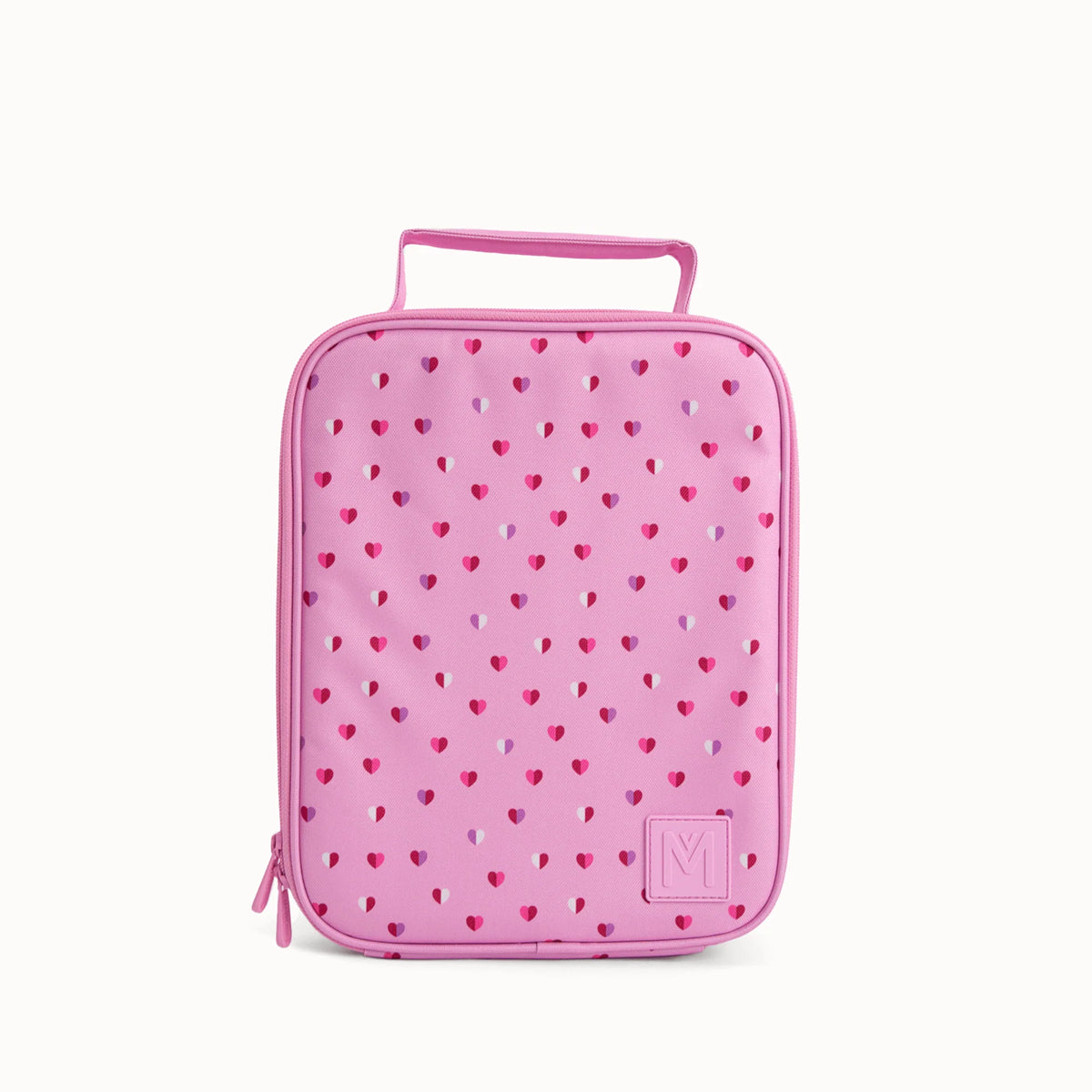 Pink heart-patterned lunch bag on a white background