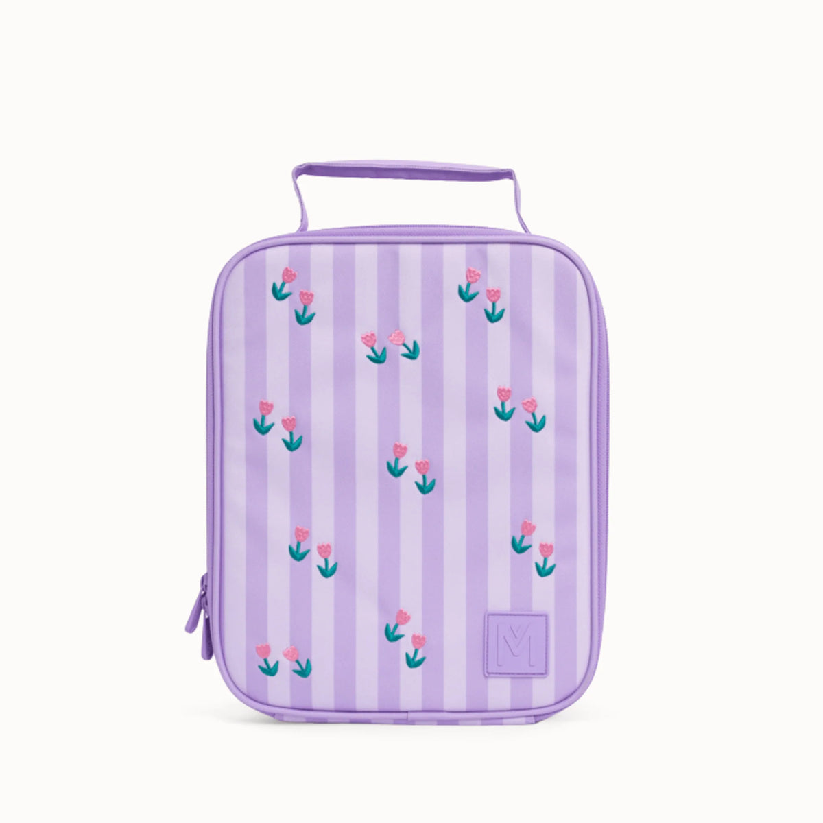 Purple striped lunch bag with floral patterns on a white background