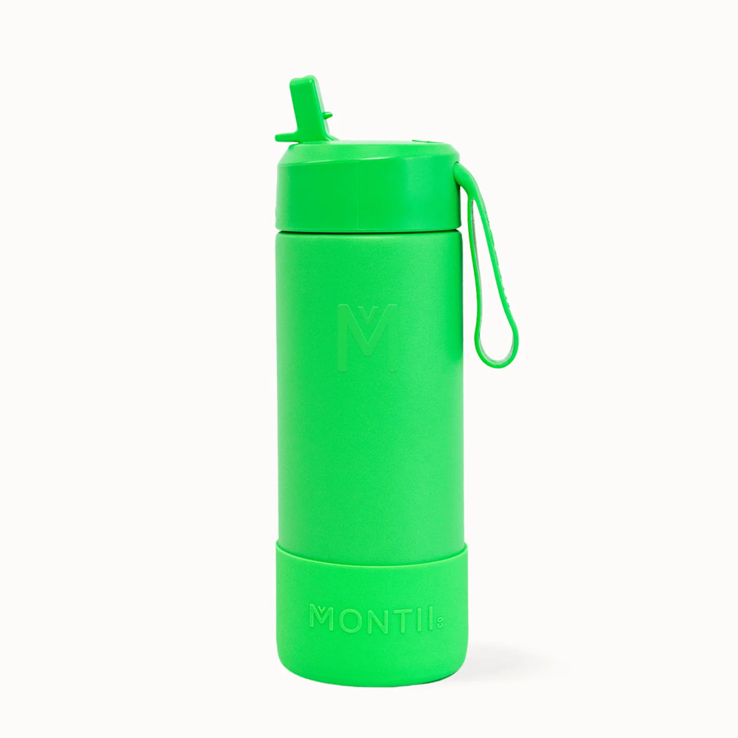 Green water bottle with a straw lid and carrying strap on a white background