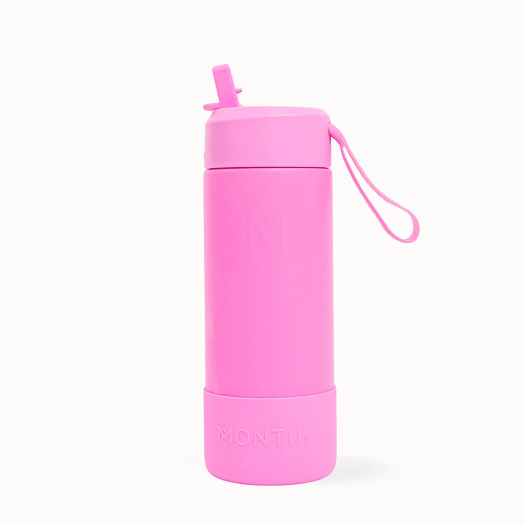 Pink water bottle with a straw lid and handle on a white background