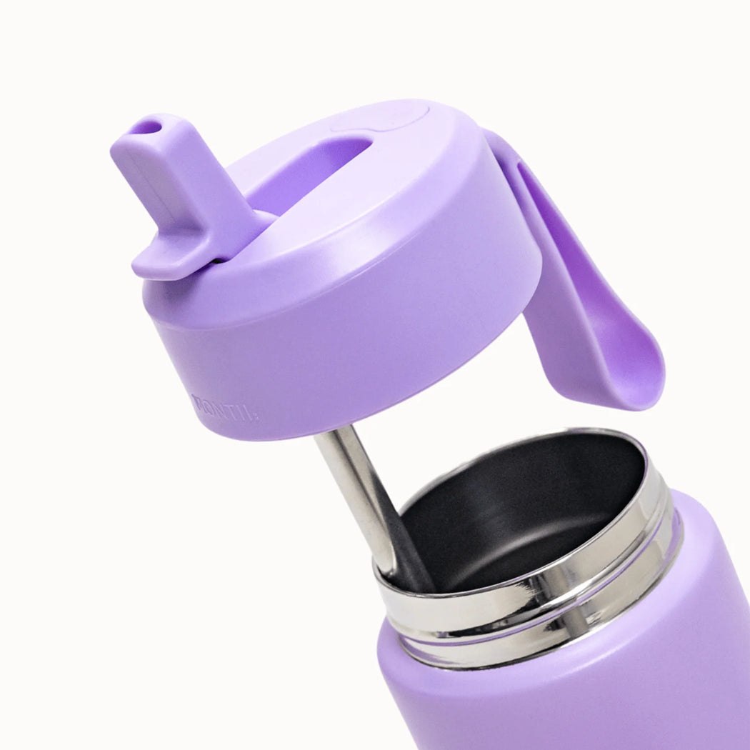 Purple water bottle with straw lid on a white background