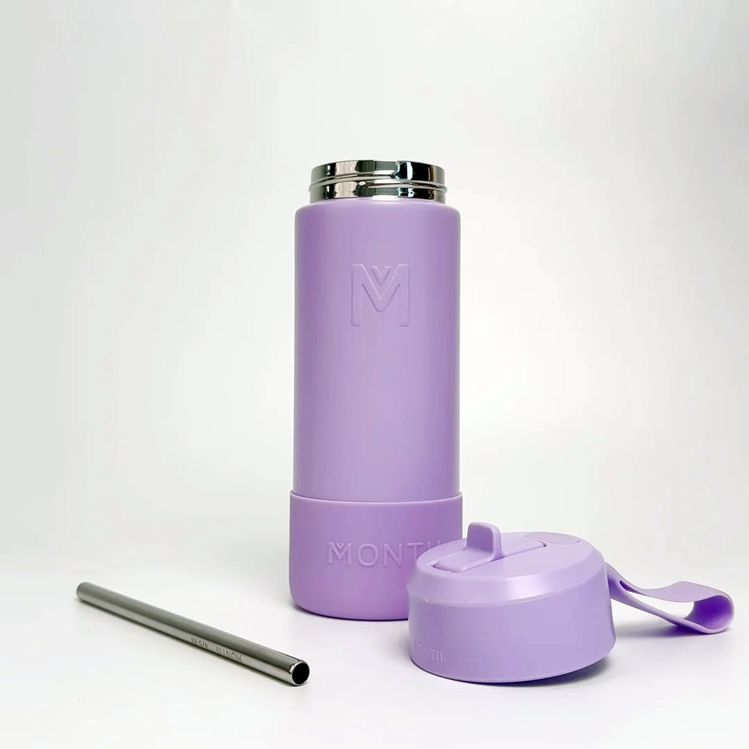Purple insulated bottle with silver straw and purple lid on a white background
