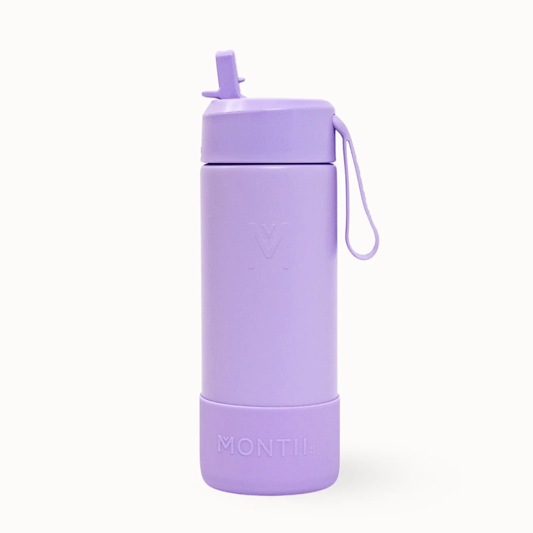 Purple Montii water bottle on a white background