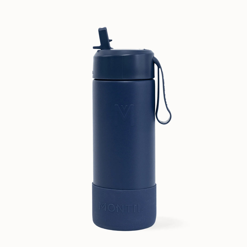 Navy blue water bottle with a straw lid on a white background