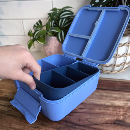Blue compartmentalized container with a hand opening it on a wooden surface.