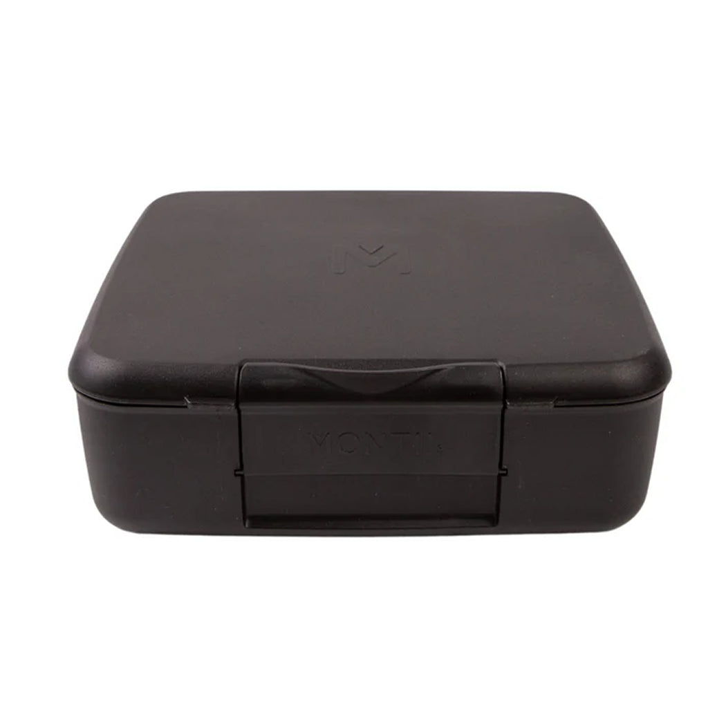 Black rectangular storage box with a lid on a white background