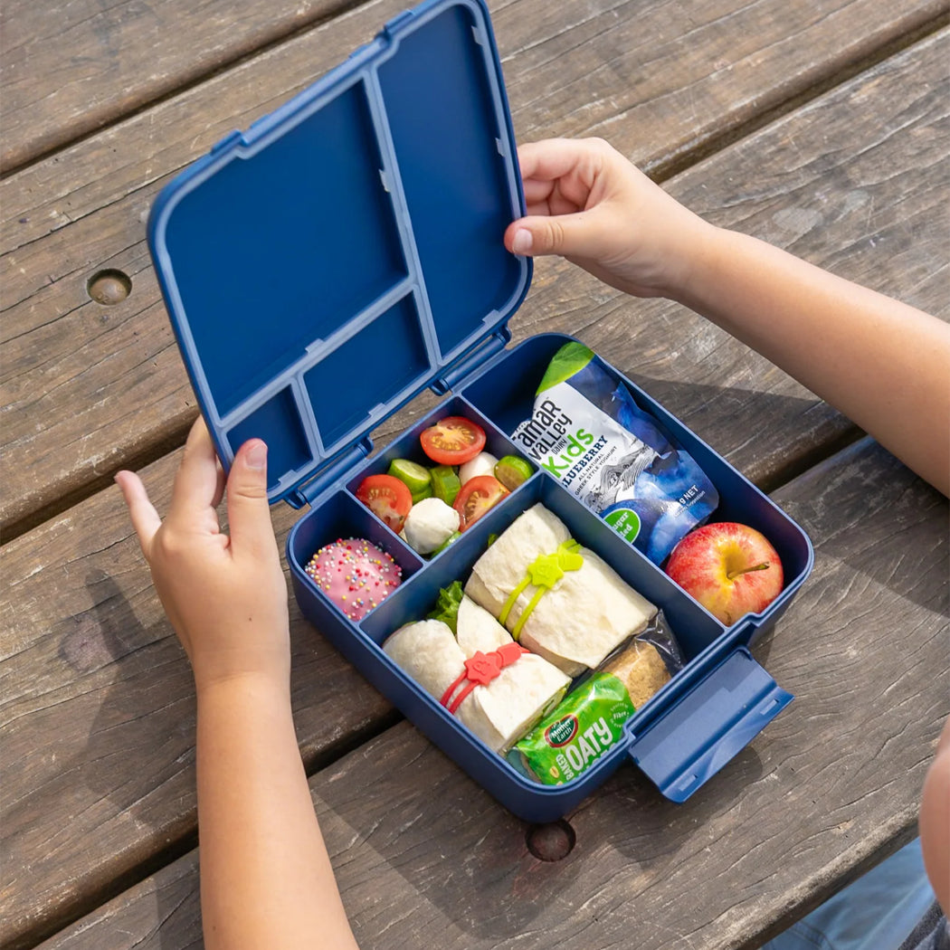 A blue plastic bento lunch box with compartments, shown open on a wooden picnic table and filled with sandwiches, fruit, and a drink. A child's hands are holding the lid.