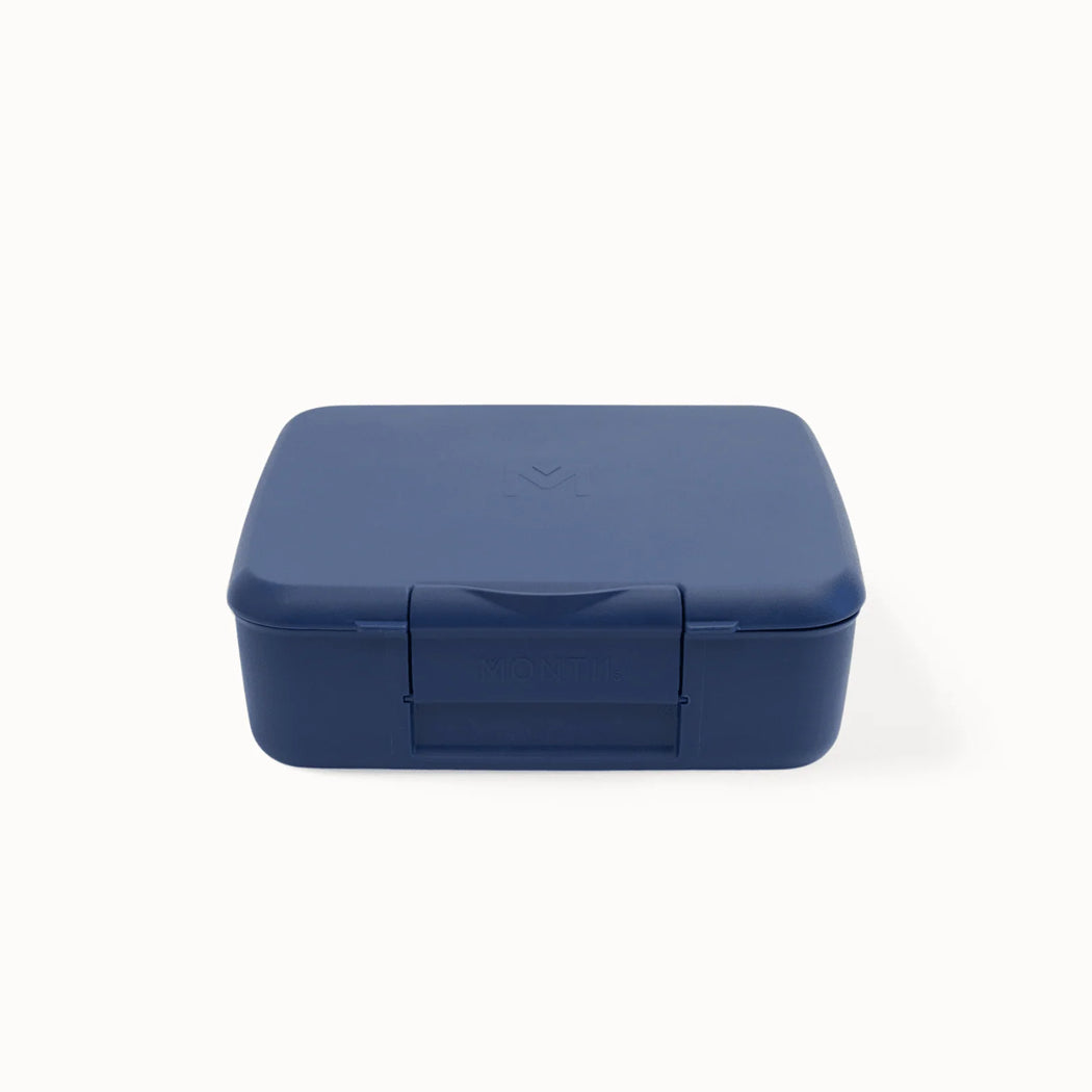 A dark blue rectangular plastic lunch box with rounded corners and a hinged lid, shown on a clean white background.