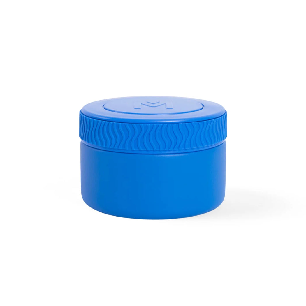 A small cylindrical blue plastic container with a screw-top lid, shown on a clean white background.