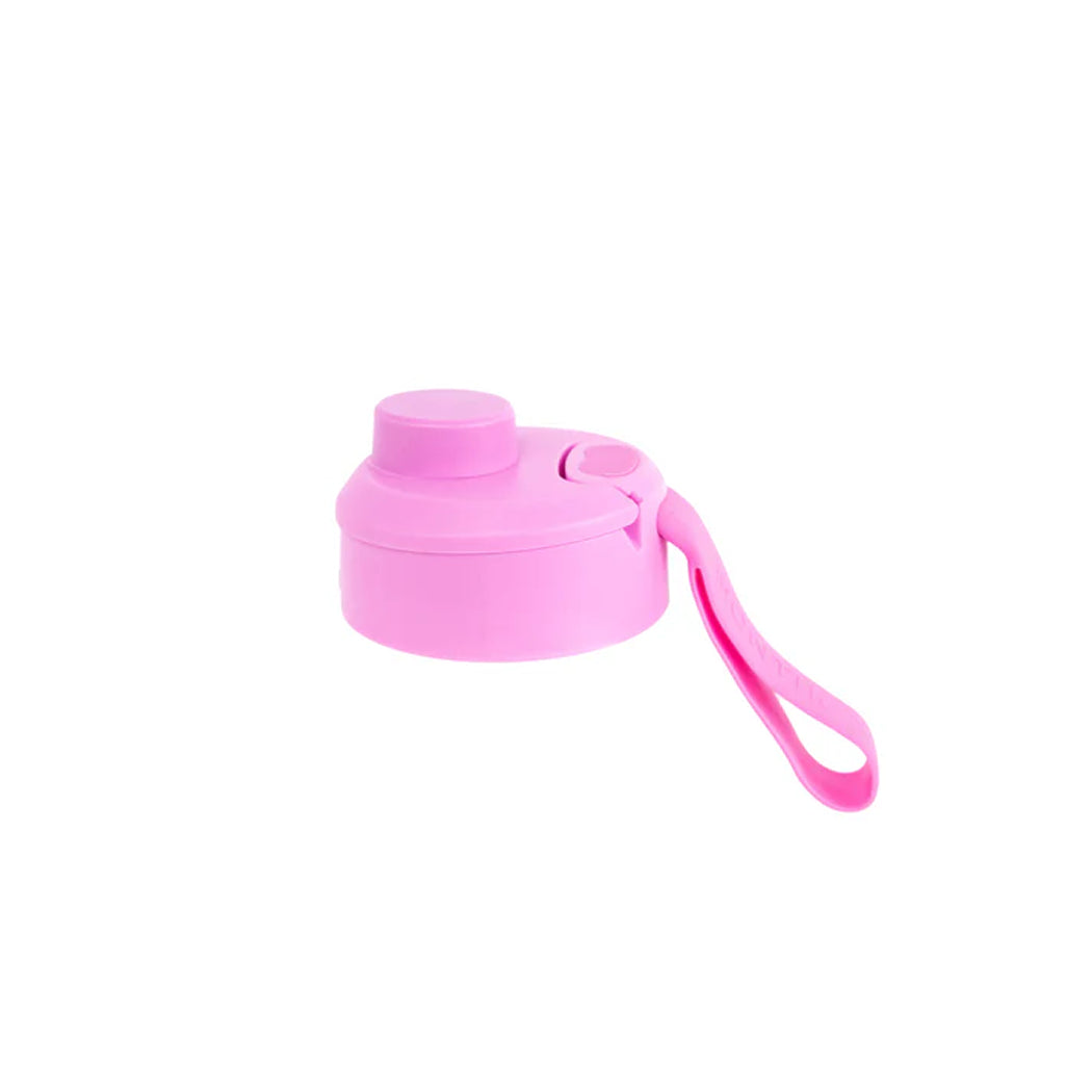 Pink water bottle with a strap on a white background