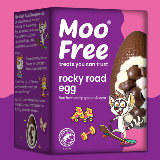 Moo Free rocky road egg packaging on a pink and purple background
