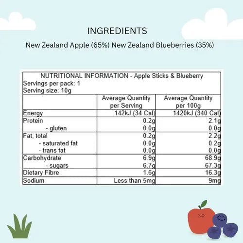 NaturKidz, NZ Fruit Crisps, Apple Sticks & Blueberry, (GF/DF), 10g - Healthy Snacks NZ