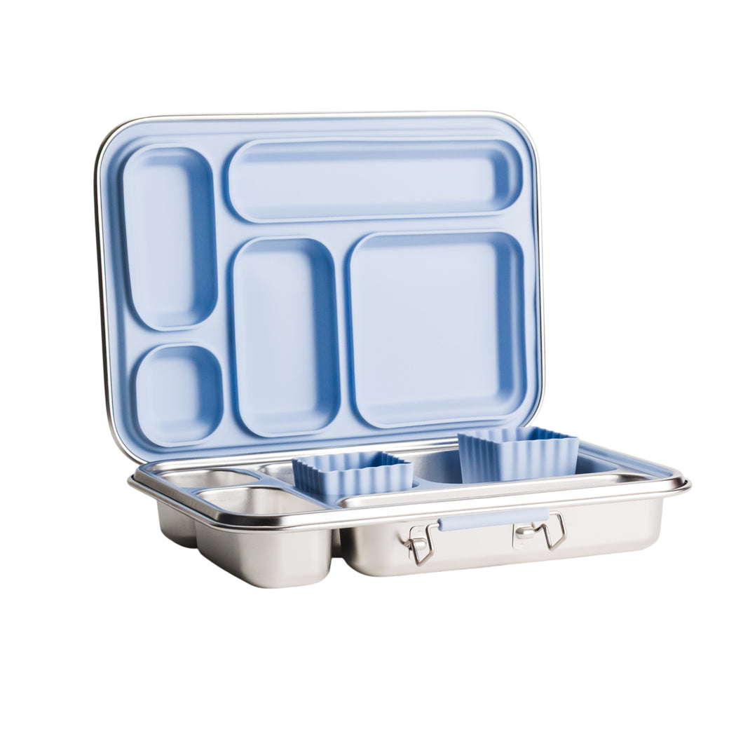 An open stainless steel lunch box with a light blue compartment lid and matching blue insert cups, shown on a plain white background.