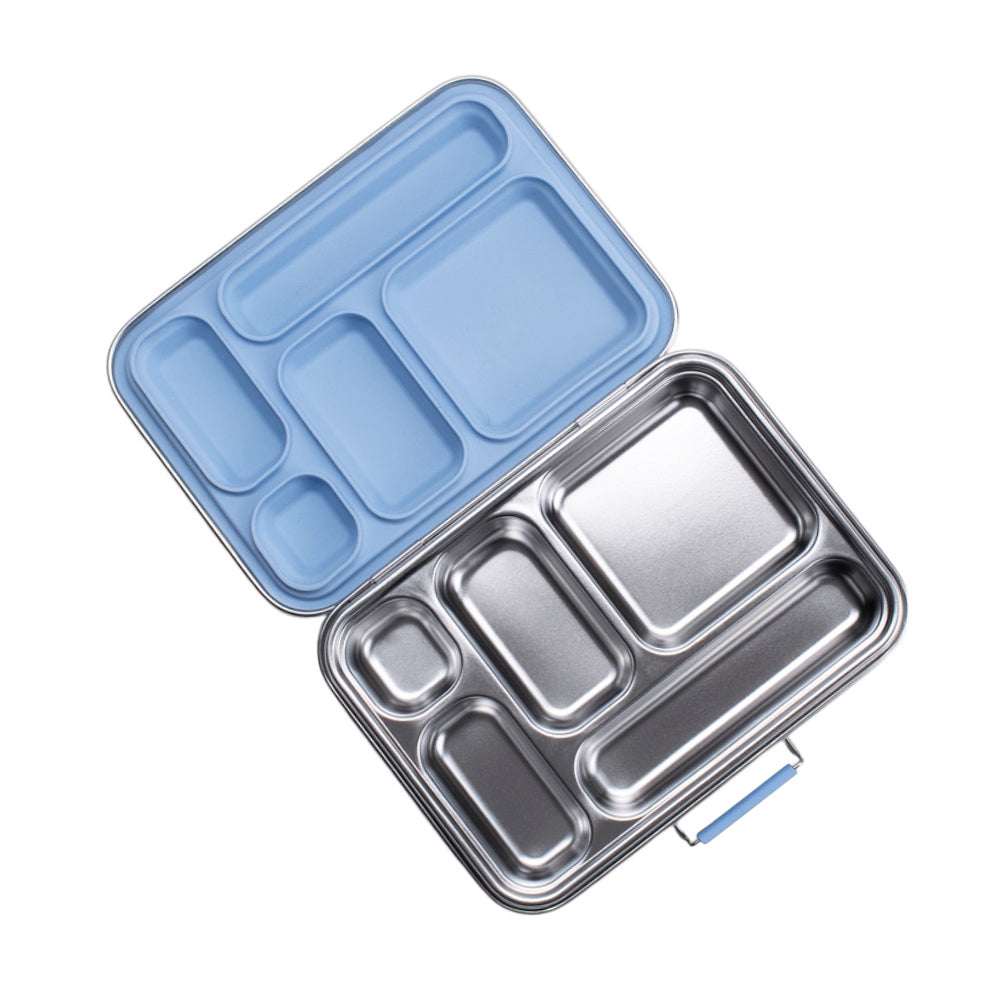Blue and silver compartmentalized lunch box on a white background