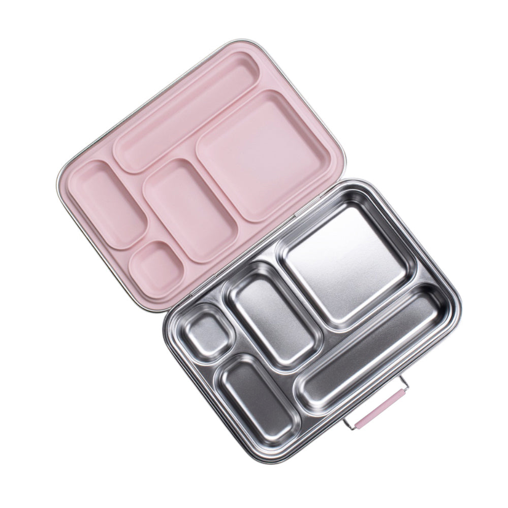 Pink and silver compartmentalized lunch box on a white background