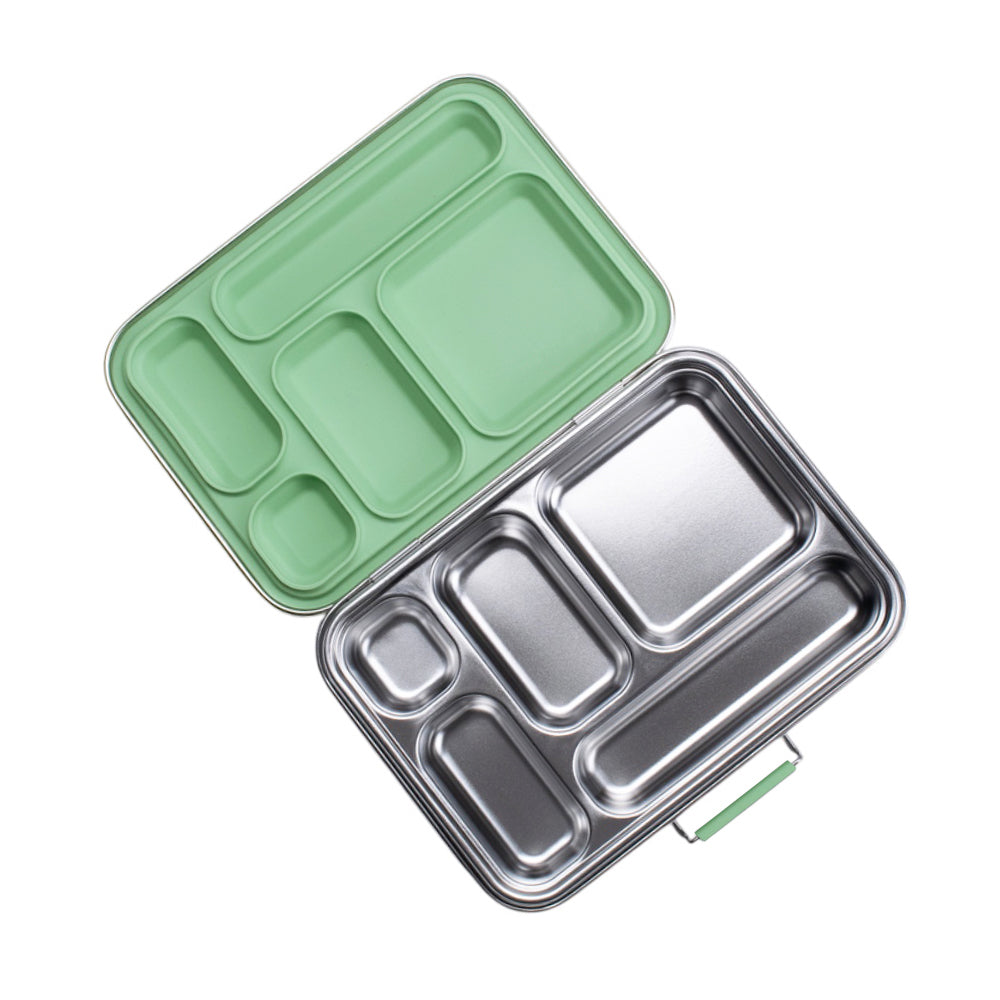 Two compartmentalized lunch boxes, one green and one silver, on a white background.