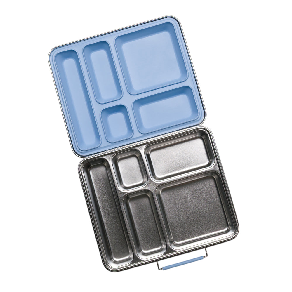 Divided lunch container with blue top and silver bottom on a white background