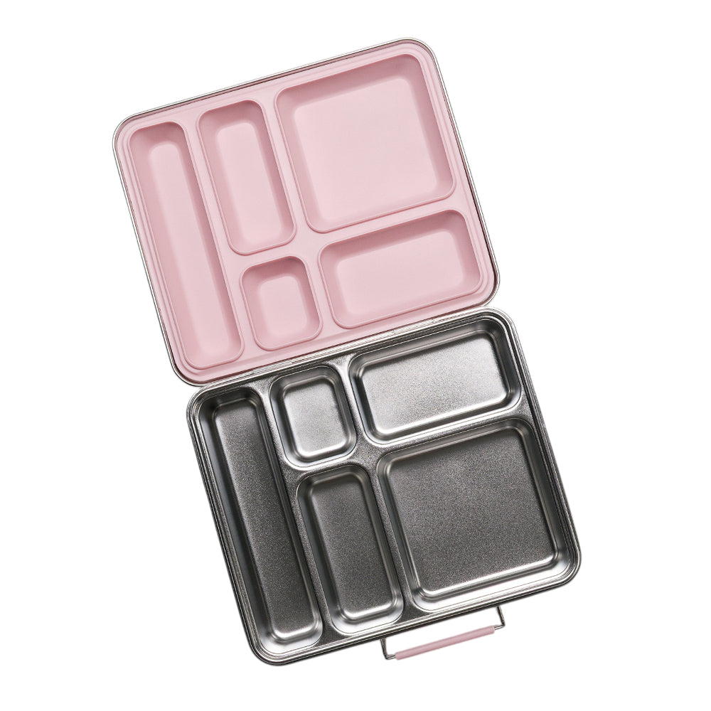 Pink and silver compartmentalized lunch box on a white background