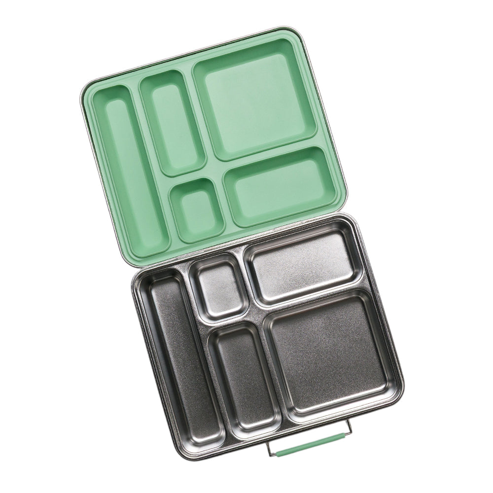 Green and silver compartmentalized lunch box on a white background
