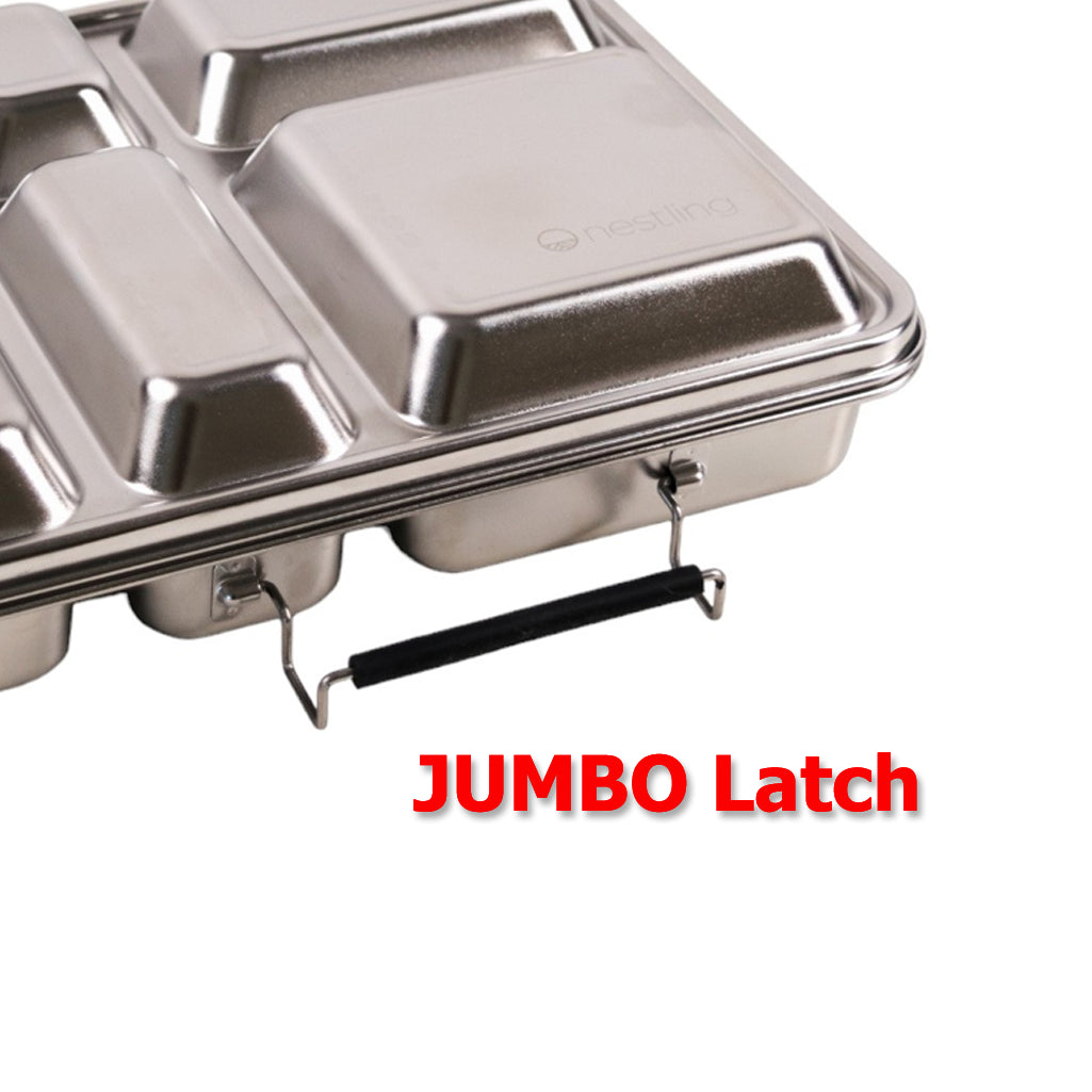 Metallic container with a large latch labeled 'JUMBO Latch' on a white background