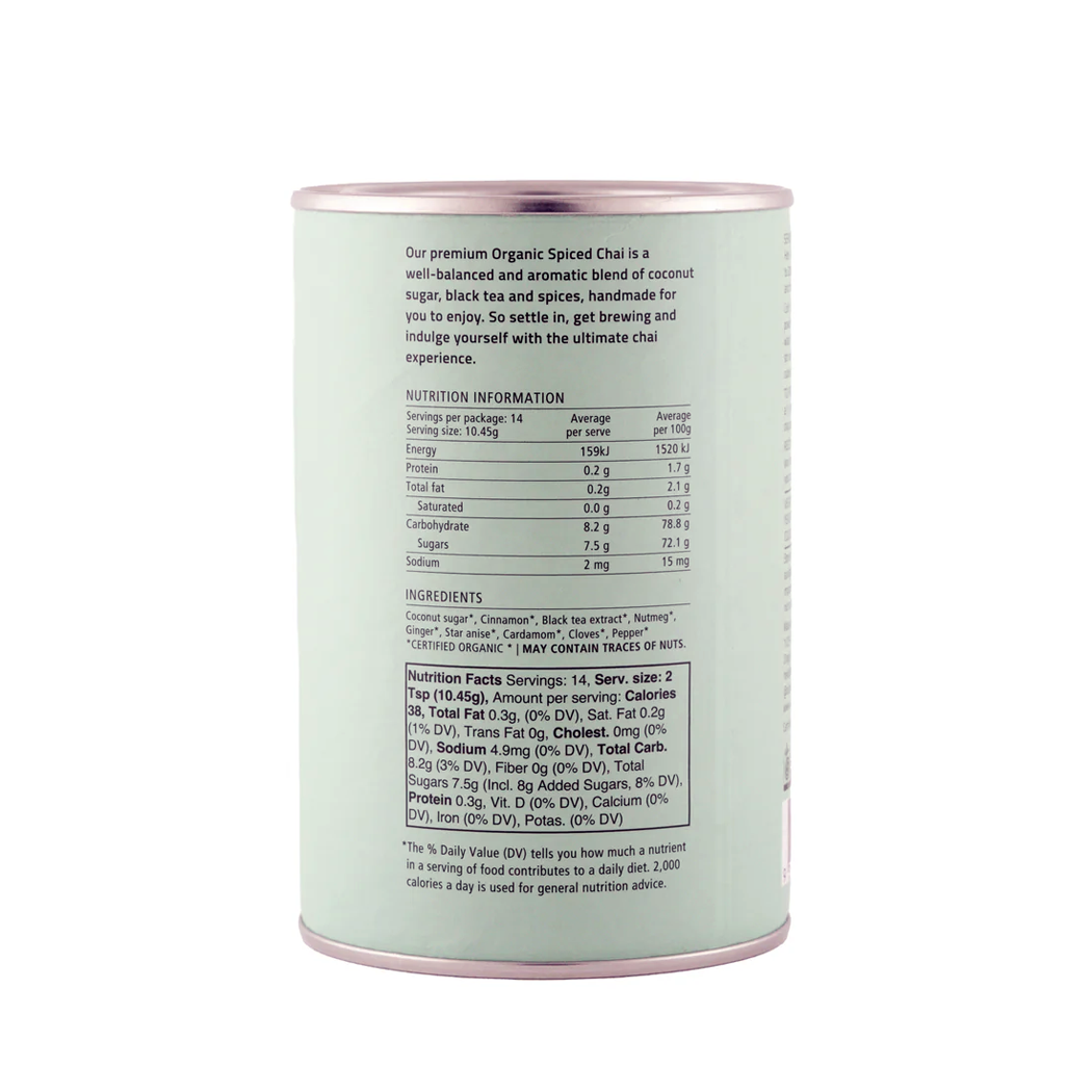 Canister with nutritional information and ingredients list on a white background