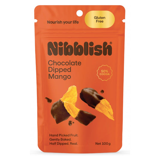 Nibblish Chocolate Dipped Mango snack pouch in orange packaging, featuring chocolate-dipped mango pieces on the front and text including 'Chocolate Dipped Mango', '50% Cocoa', and 'Gluten Free'.