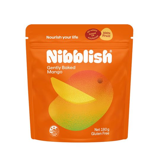 Orange package of Nibblish Gently Baked Mango on a white background