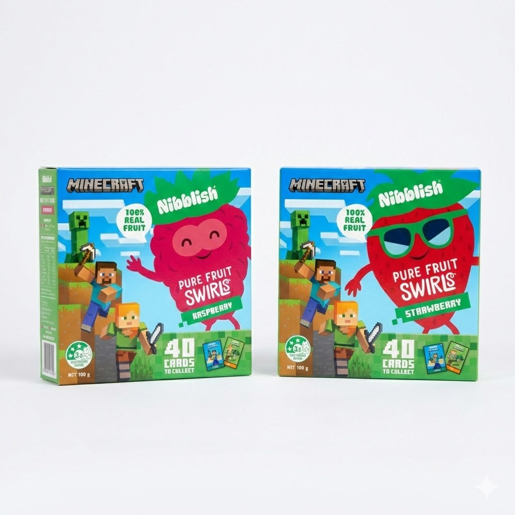 Two boxes of Minecraft-themed Nibblish Pure Fruit Swirls on a white background