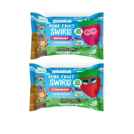 Two packages of Nibblish Pure Fruit Swirls, Raspberry and Strawberry flavors, on a white background.