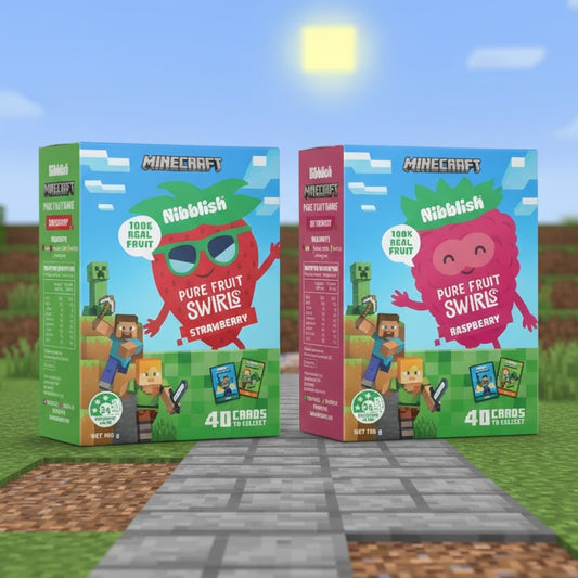 Two Minecraft-themed Nibblish pure fruit swirls boxes on a digital landscape background.
