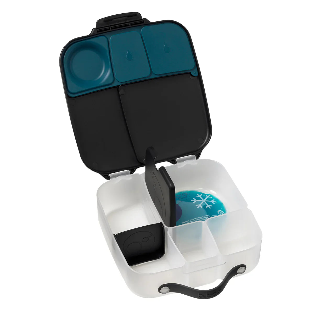 Black and blue compartmentalized container with a snowflake design on a white background