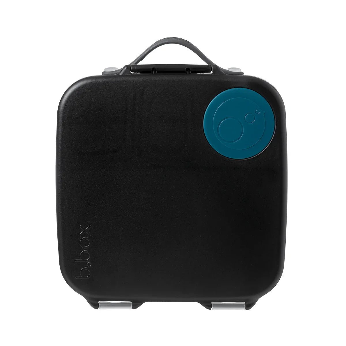 Black lunchbox with a blue circular handle on a white background