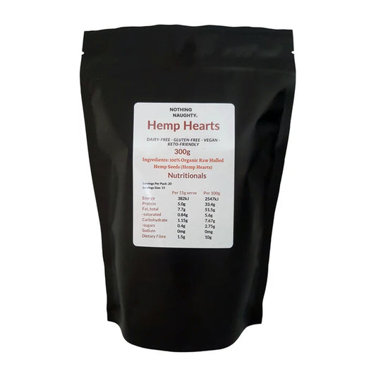 Black bag of Hemp Hearts with a label on a white background