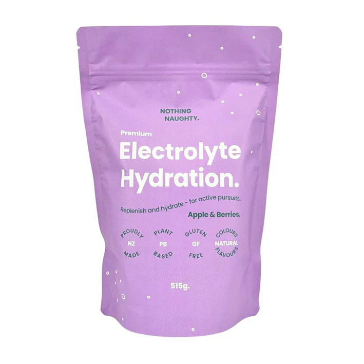 Purple package of Electrolyte Hydration with white text on a white background