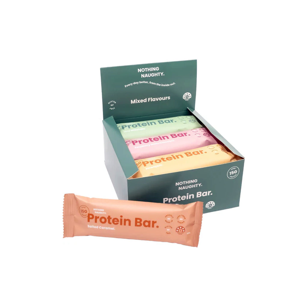 Box of protein bars with a single bar in front on a white background