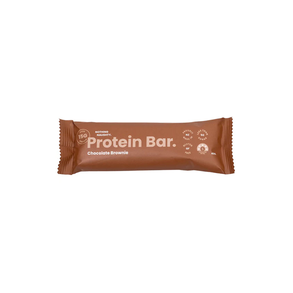 Chocolate brownie protein bar packaging on a white background