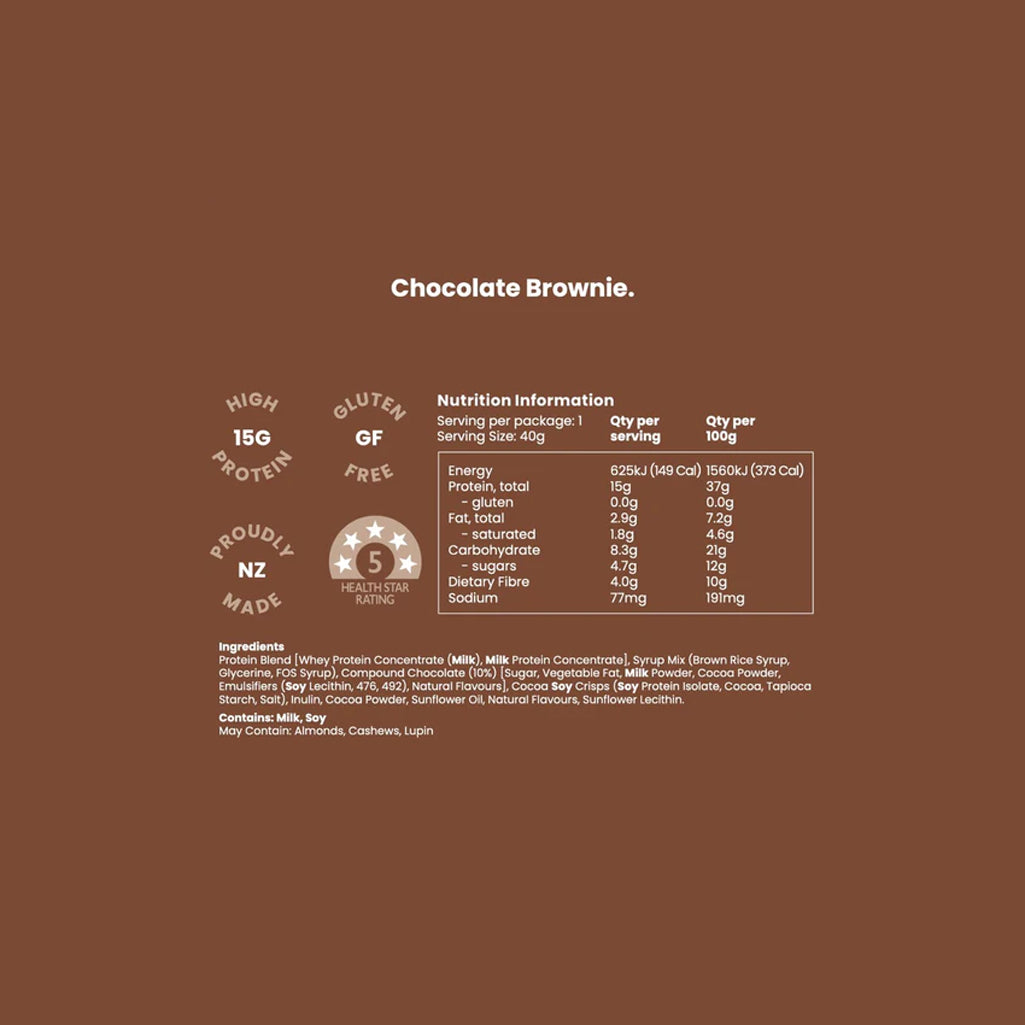 Nutrition label for chocolate brownie on a brown background