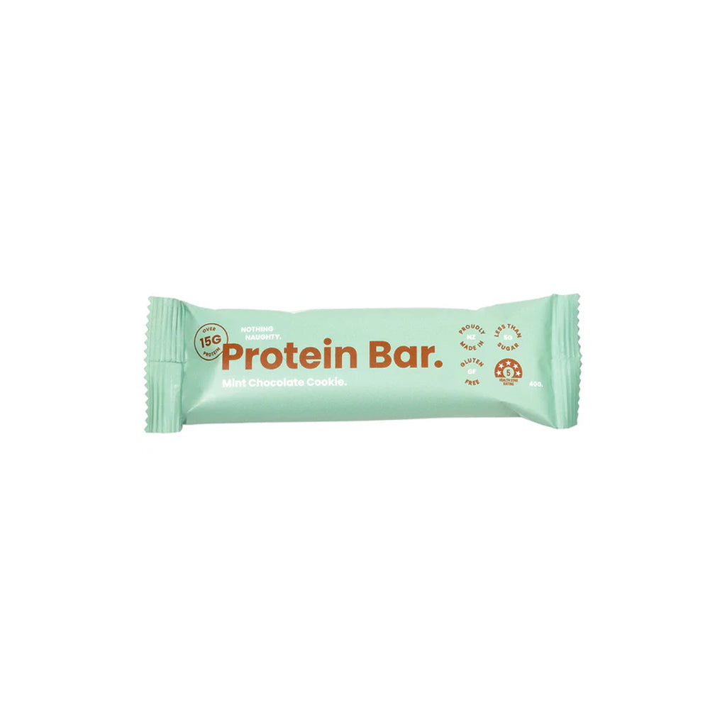 Protein bar in a green wrapper on a white background