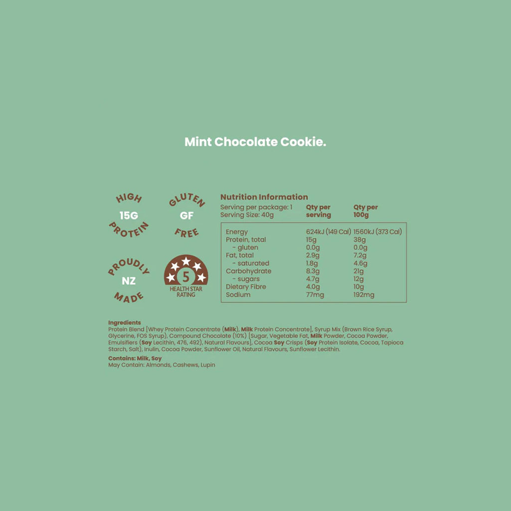 Nutrition information and ingredient list for Mint Chocolate Cookie on a green background