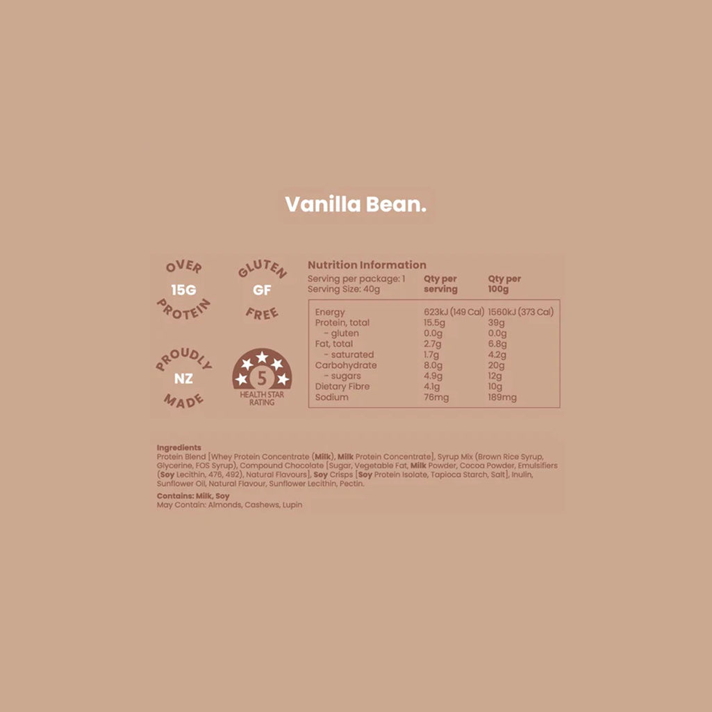 Vanilla bean product label with nutrition information and branding on a brown background