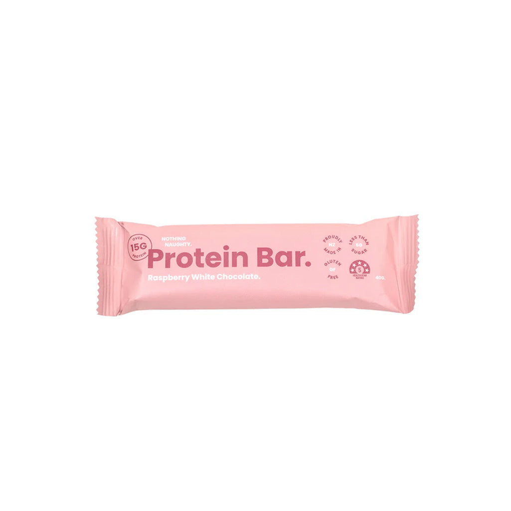 Pink protein bar packaging on a white background