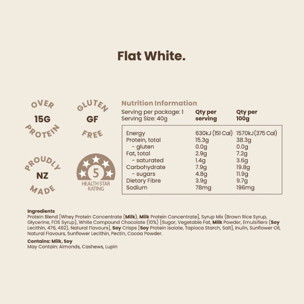 Nutrition label for a Flat White product with health star rating and ingredient list on a beige background.