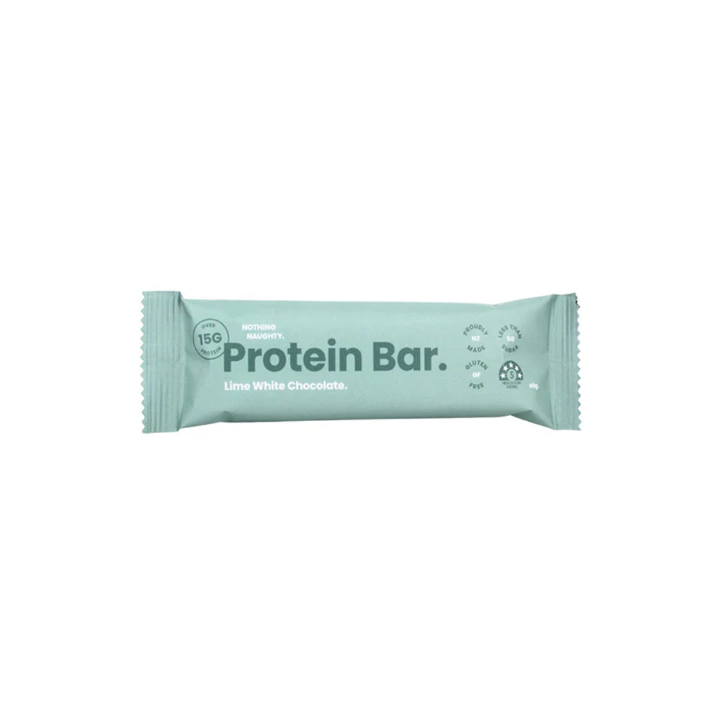 Protein bar packaging with 'Lime White Chocolate' flavor on a white background