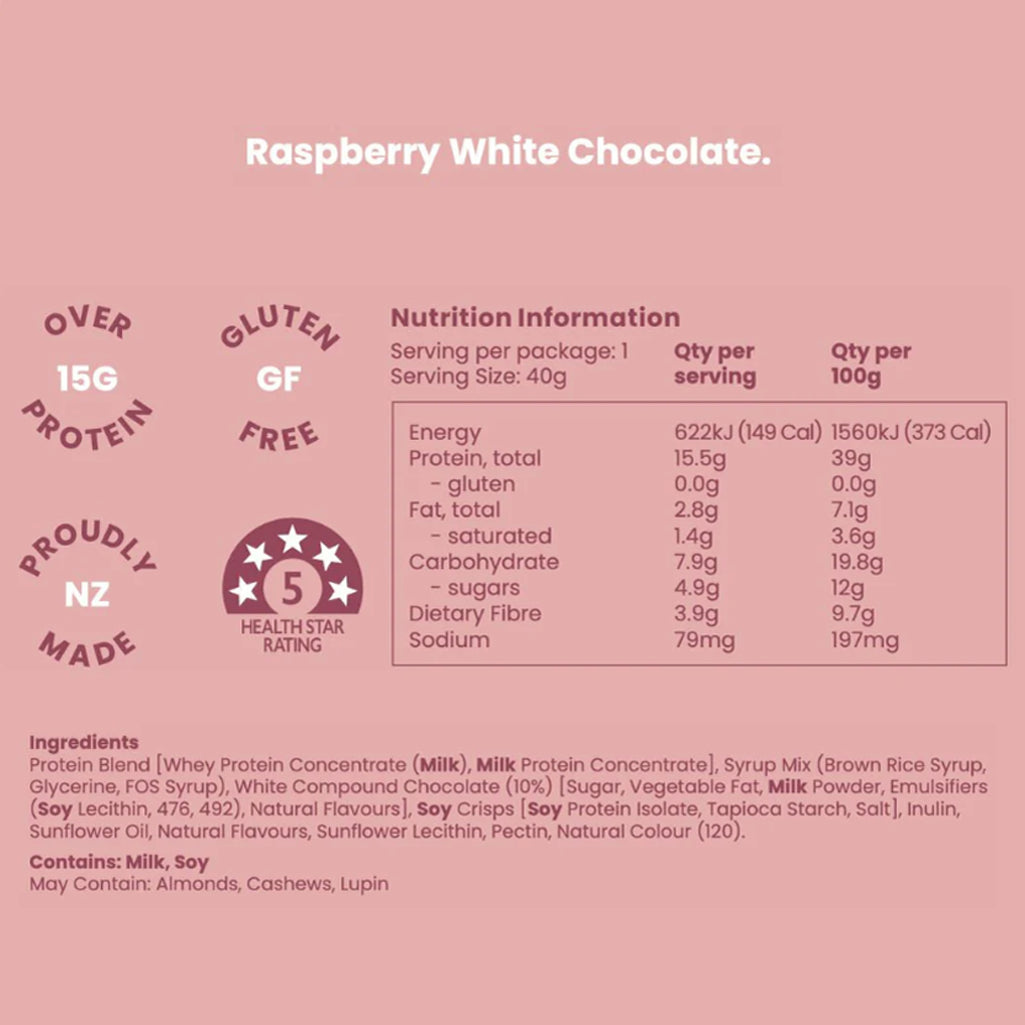 Nutrition information and ingredient list for raspberry white chocolate on a pink background