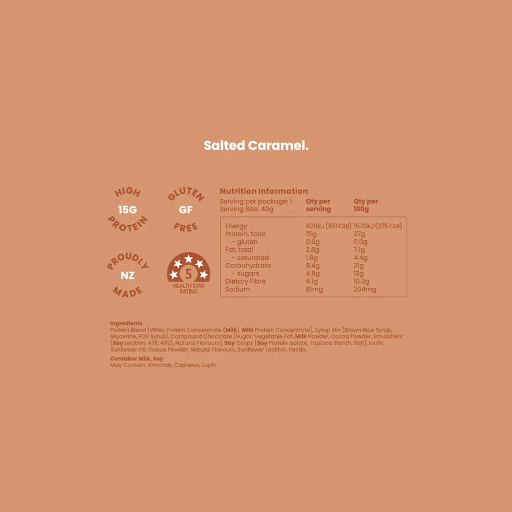 Nutrition label and ingredient list for a product labeled 'Salted Caramel' on a brown background.