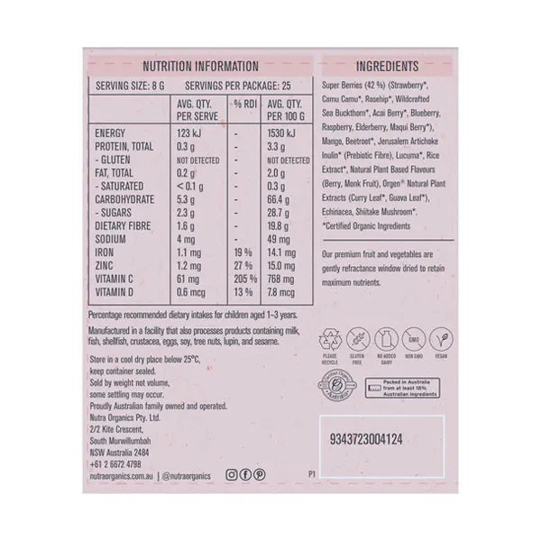 Nutra Organics, Berry Immune (DF/GF/V), 200g - Healthy Snacks NZ