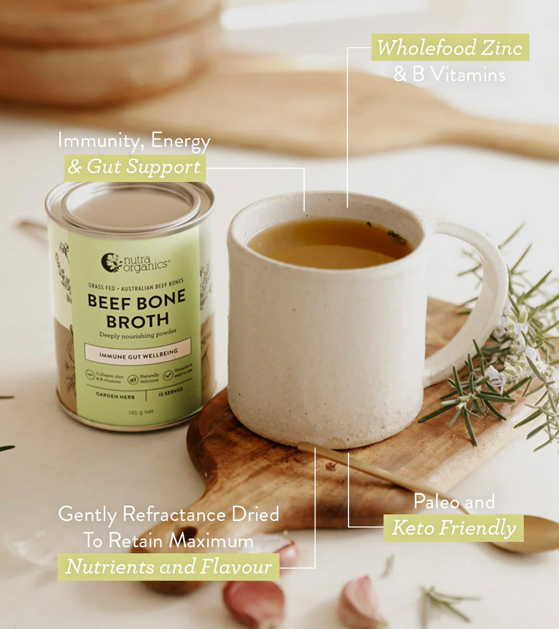 Nutra Organics, Beef Bone Broth, Hearty Original (DF/GF), 125g - Healthy Snacks NZ